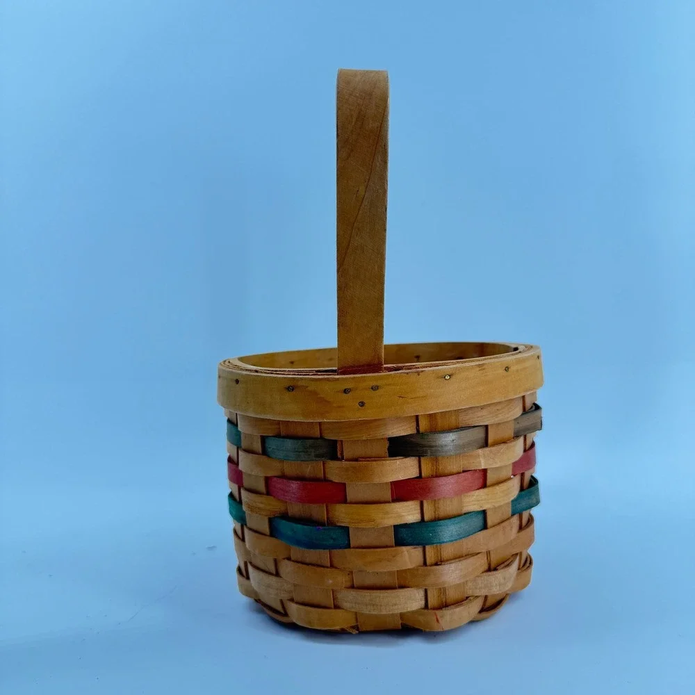 Vintage Woven Wood‎ Basket Small Tan Green Red Farmhouse Decor Handle Easter